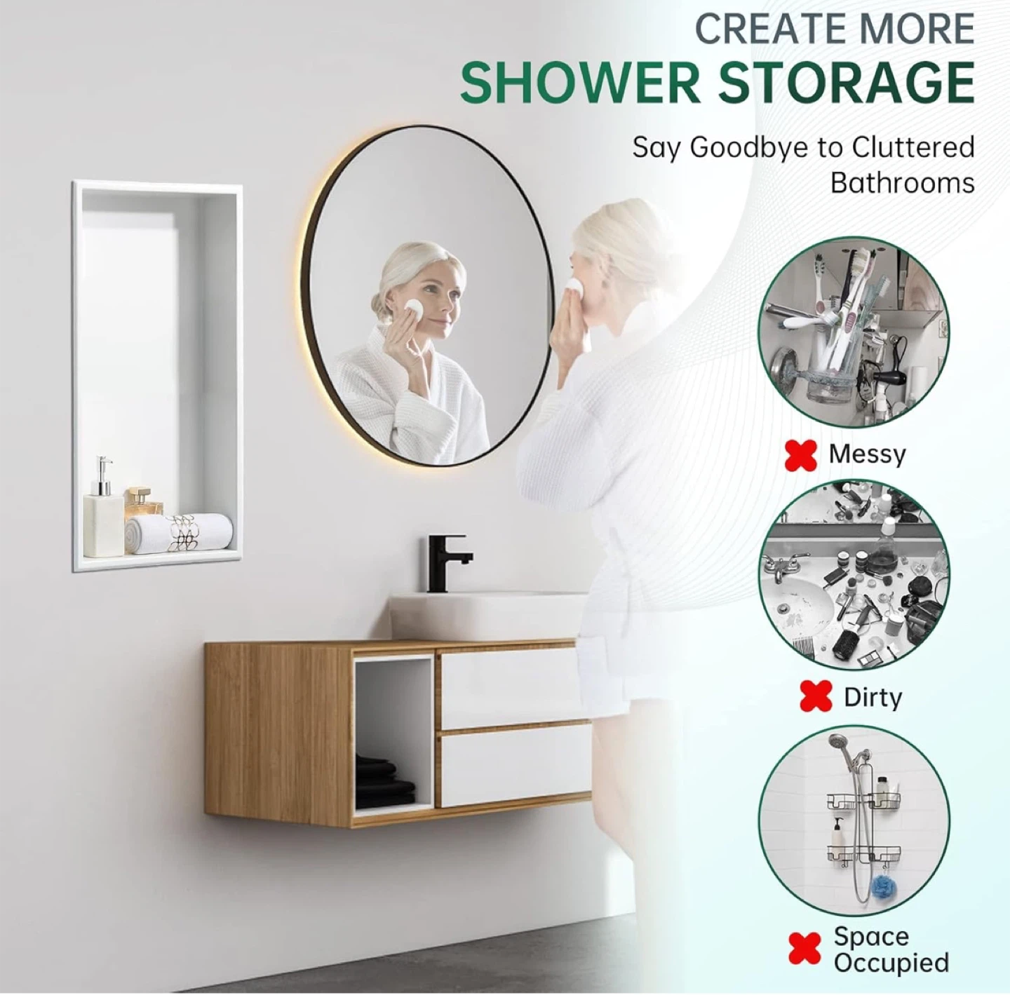APPASO Shower Niche NO Tile Needed 12" x 24" Single Shelf