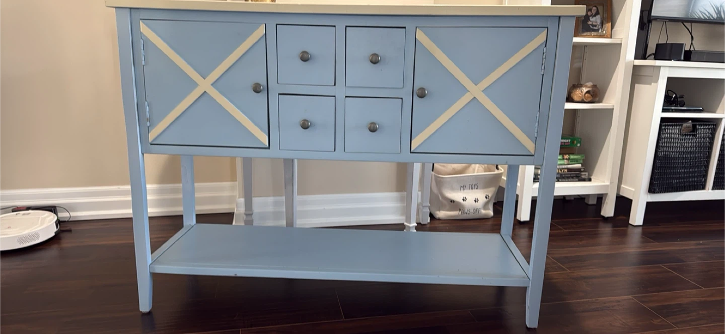 Blue and Cream Console Table with Drawers and Doors
