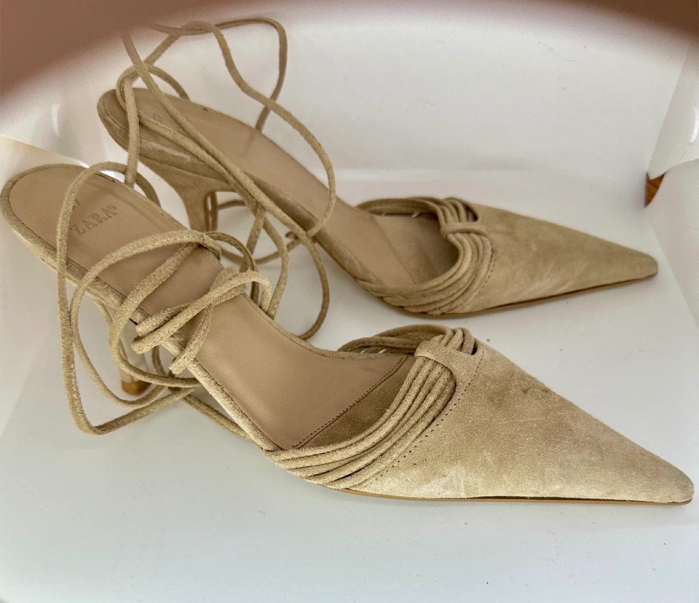 Zara Suede Kitten Heel Mules Tan Size 37