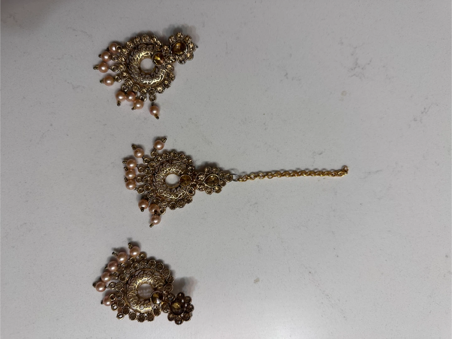 Gold Tone Jhumka Earrings and Tikka Set with Pink Pearls - photo 3
