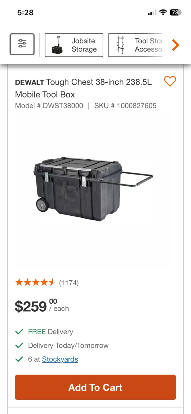 DEWALT Tough Chest 38-inch 238.5L Mobile Tool Box
