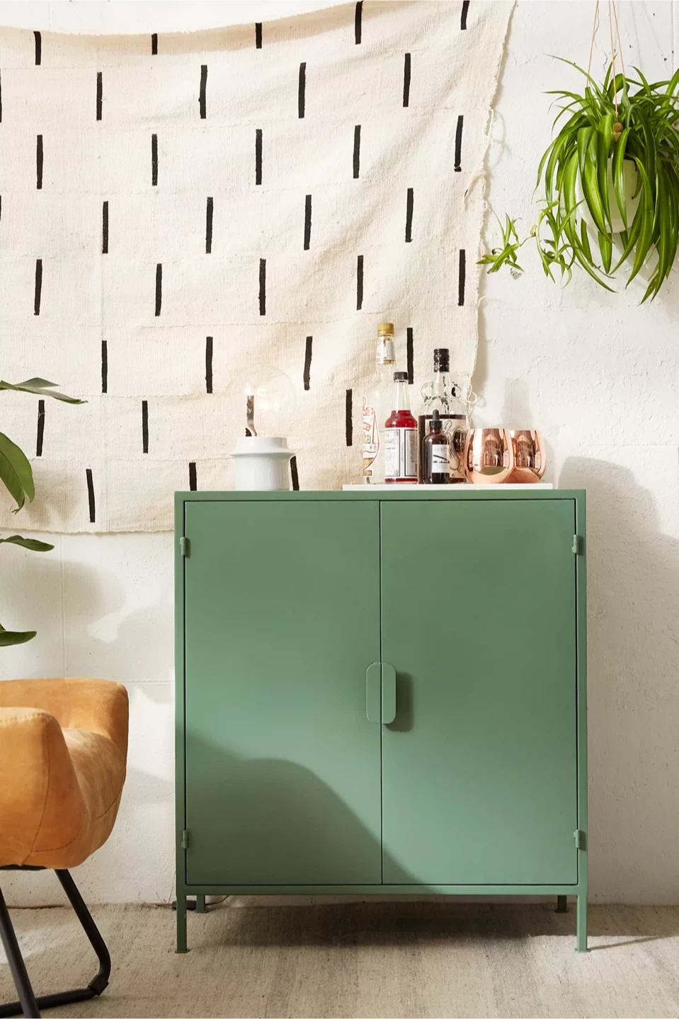 Green Metal Storage Cabinet with Wood Shelves