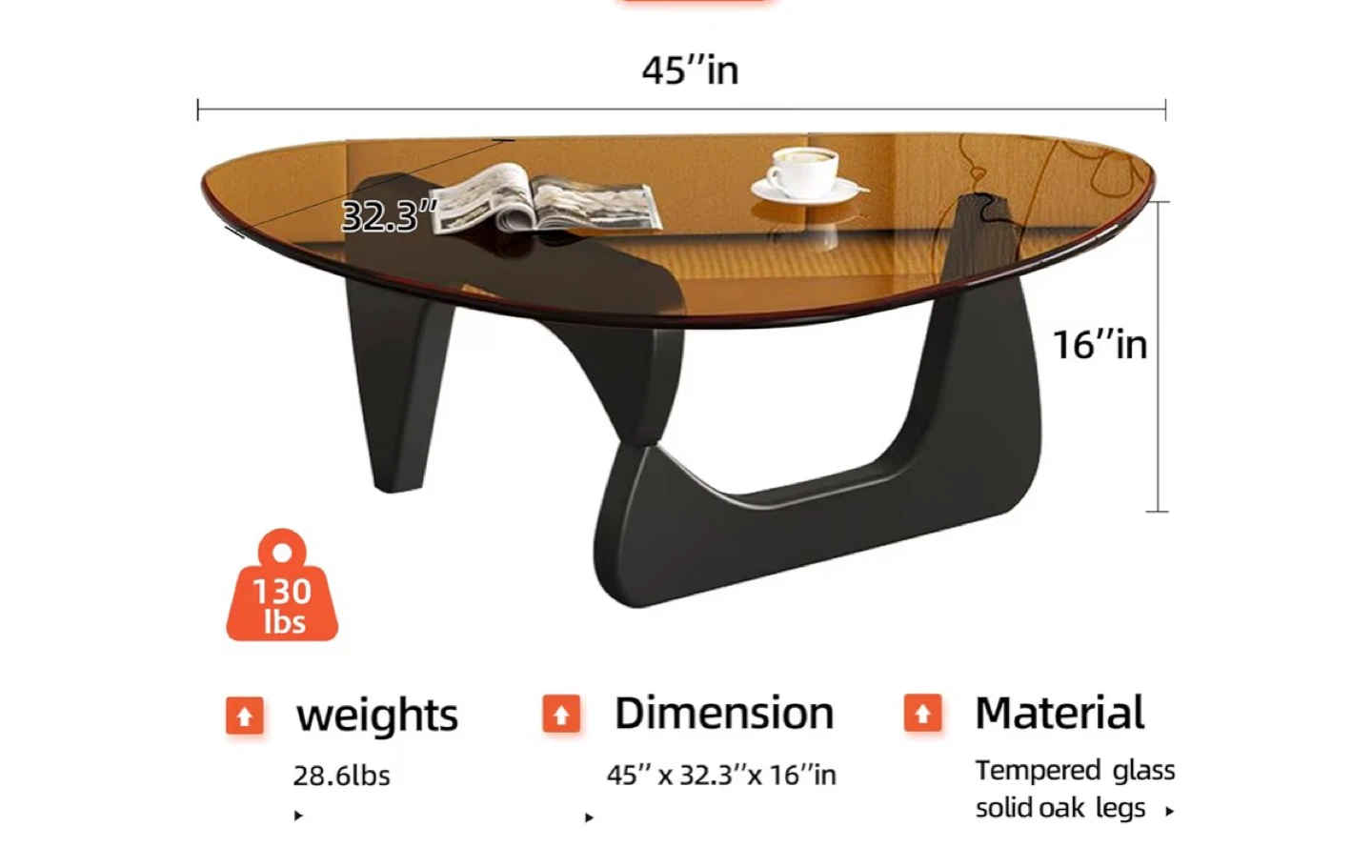 Noguchi style Amber Glass Coffee Table with Solid Wood Base - photo 2