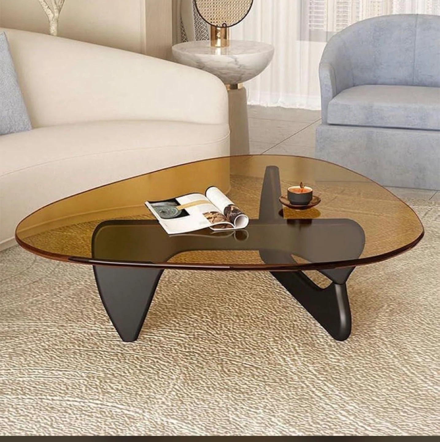 Noguchi style Amber Glass Coffee Table with Solid Wood Base