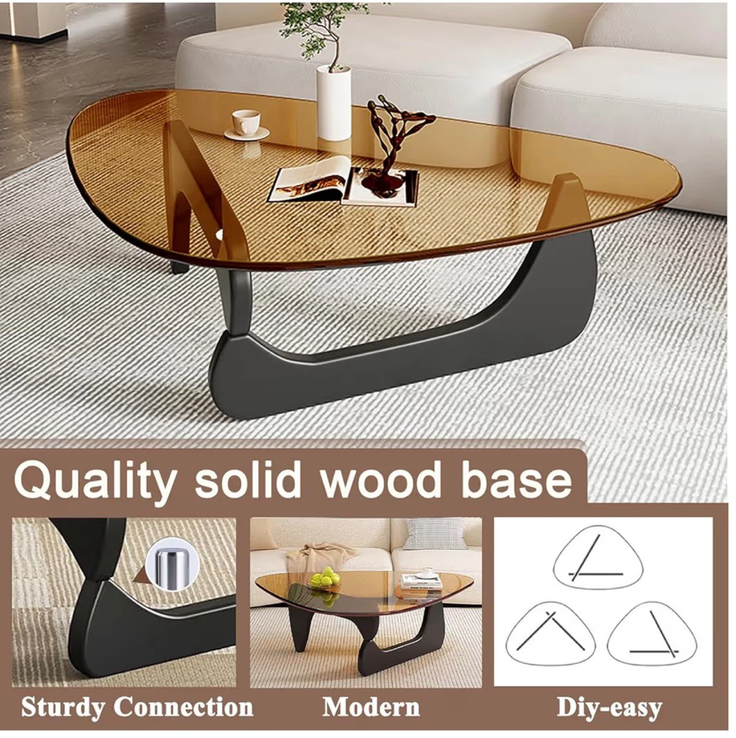 Noguchi style Amber Glass Coffee Table with Solid Wood Base - photo 4