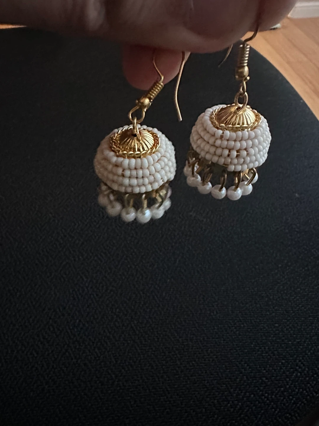 White Beaded Jhumka Earrings with Gold Tone Accents