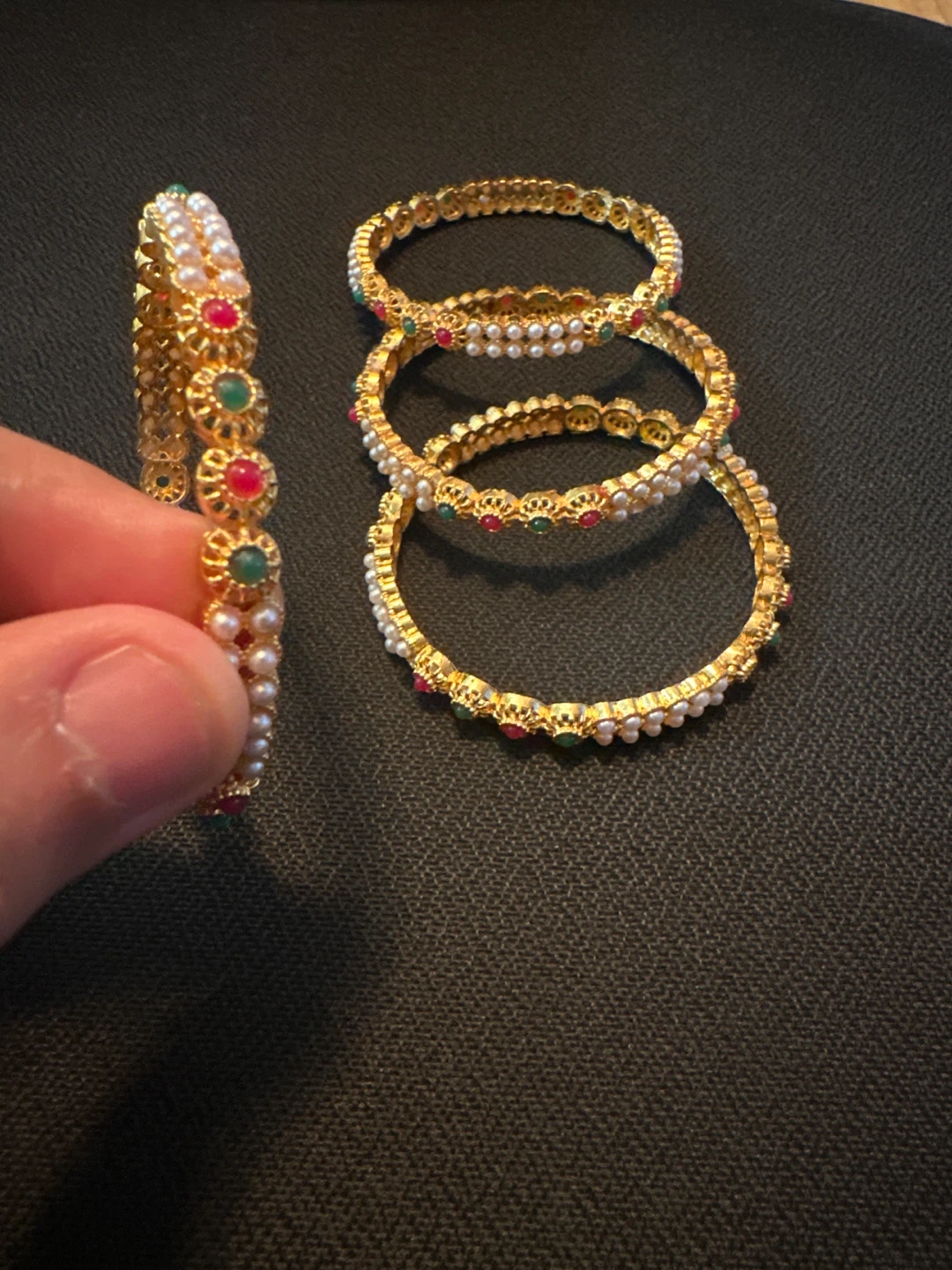 Set of 4 Gold Tone Bangles with Pearls and Gemstones - photo 2