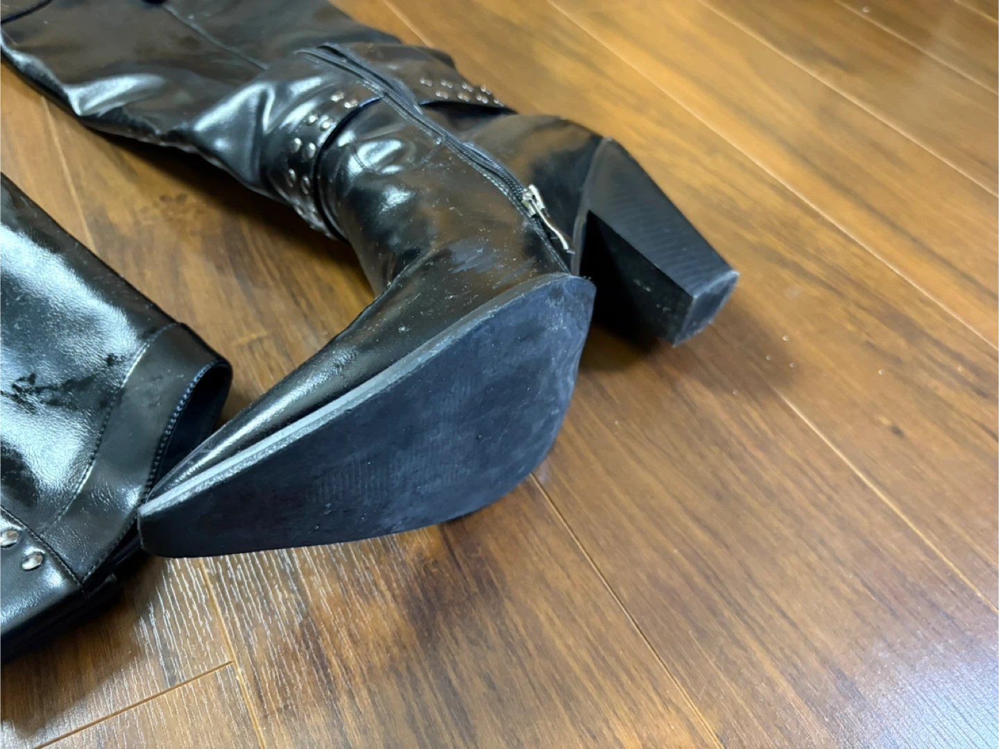 Black Faux Leather Knee-High Boots with Studded Detail - photo 4