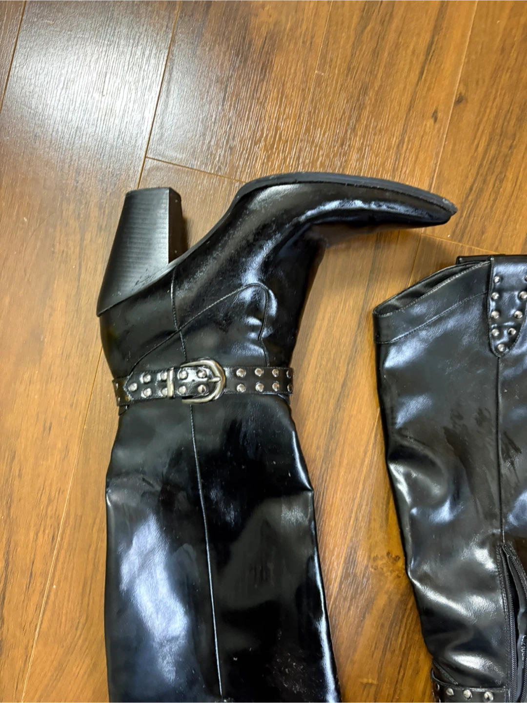 Black Faux Leather Knee-High Boots with Studded Detail - photo 3