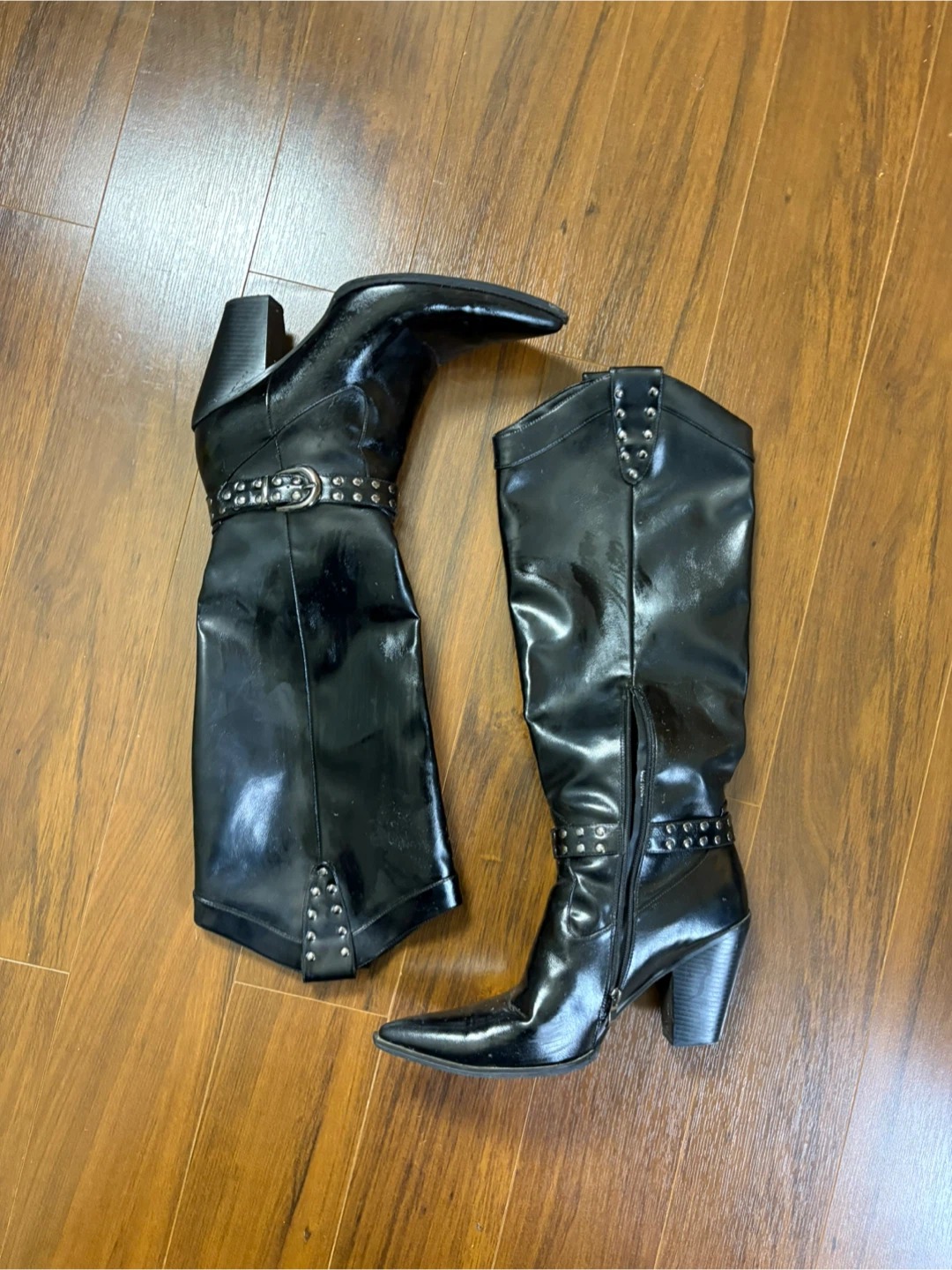 Black Faux Leather Knee-High Boots with Studded Detail