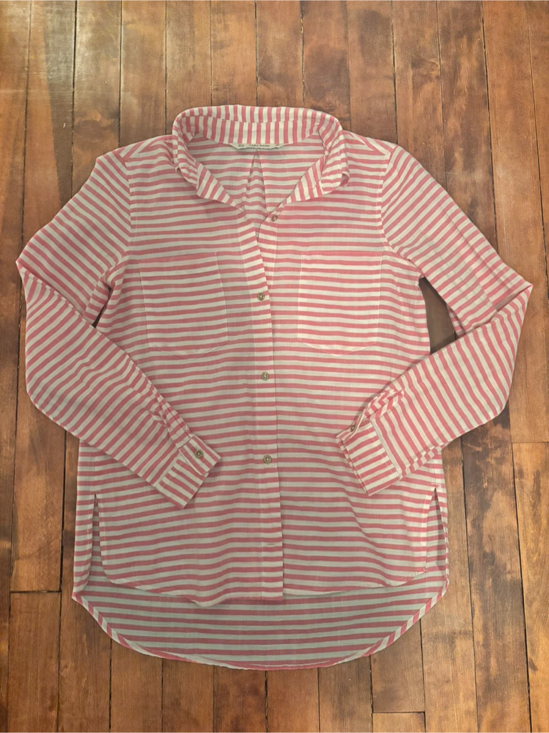 Zara Basic Pink and White Striped Button-Up Shirt - photo 4