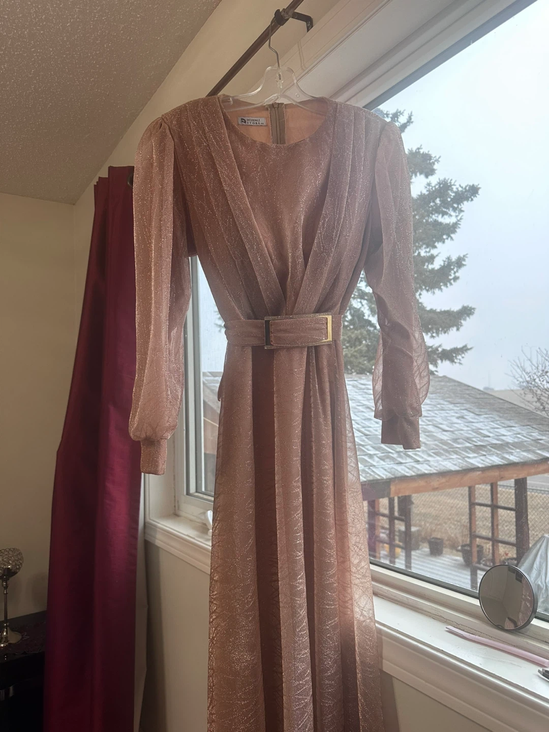 DÜZENLİ STORE 46 Long Sleeve Belted Sparkle Dress