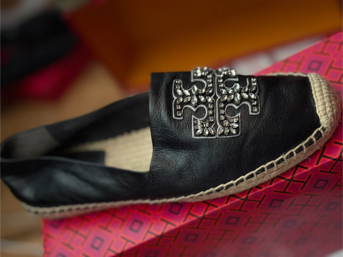Tory Burch Black Leather Espadrille Flats
