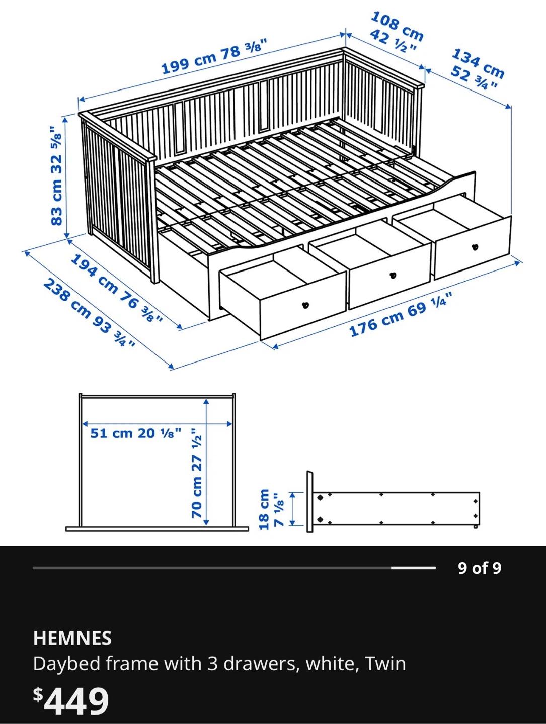 IKEA HEMNES Daybed Frame with 3 Drawers, White, Twin - photo 4
