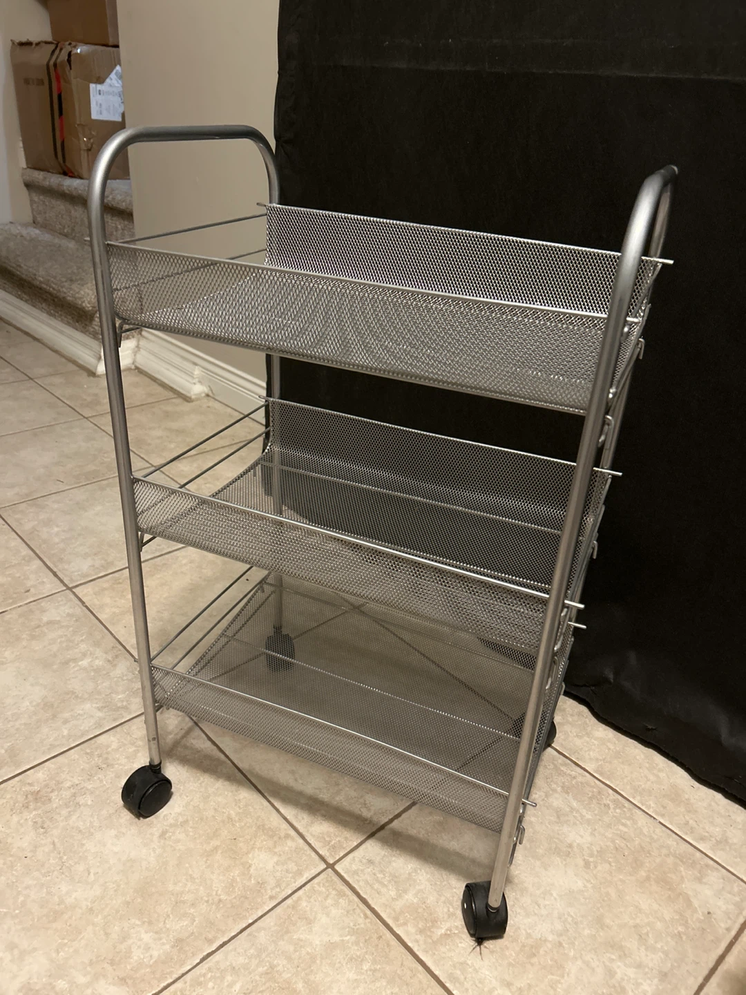 Silver 3-Tier Mesh Rolling Cart