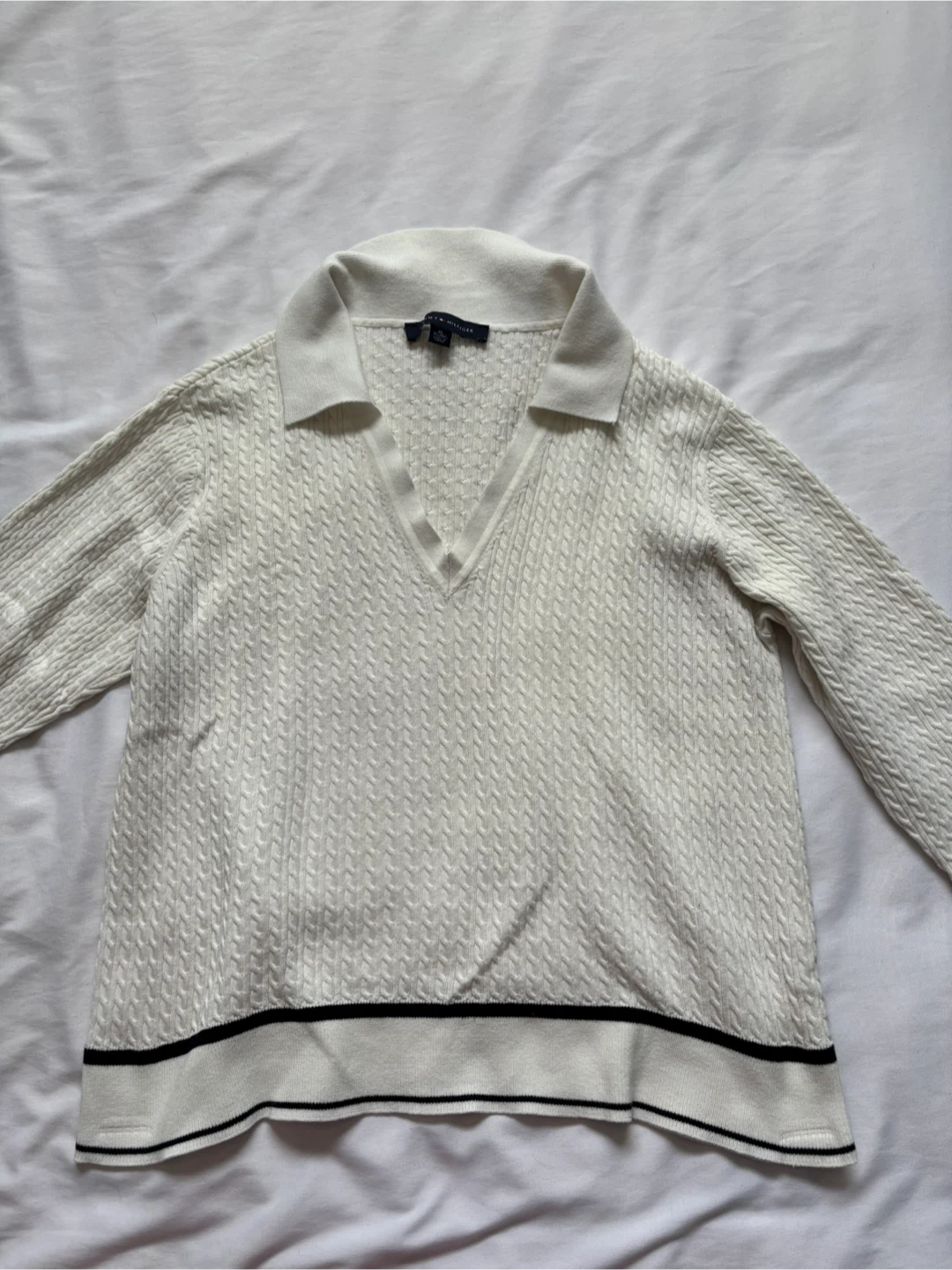 Tommy Hilfiger White Cable Knit Polo Sweater XL