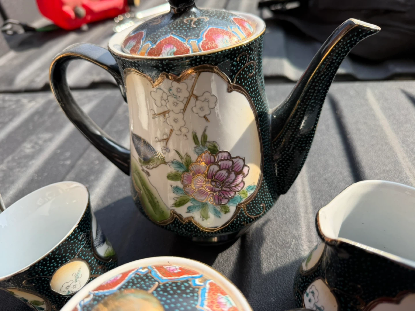 Vintage Ceramic Tea Set with Floral and Bird Design