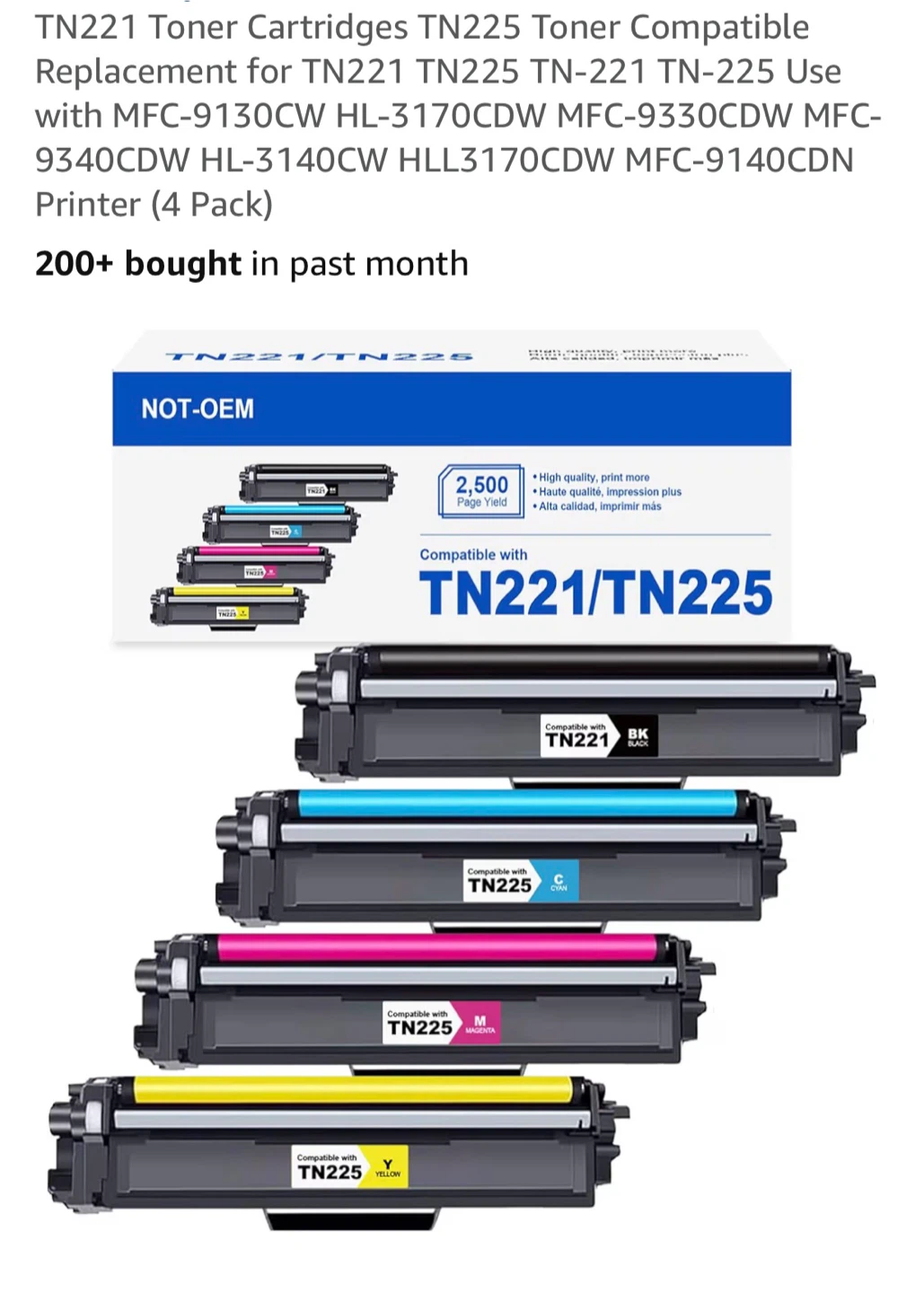 4 Pack TN221 TN225 Toner Cartridges for Brother Printers