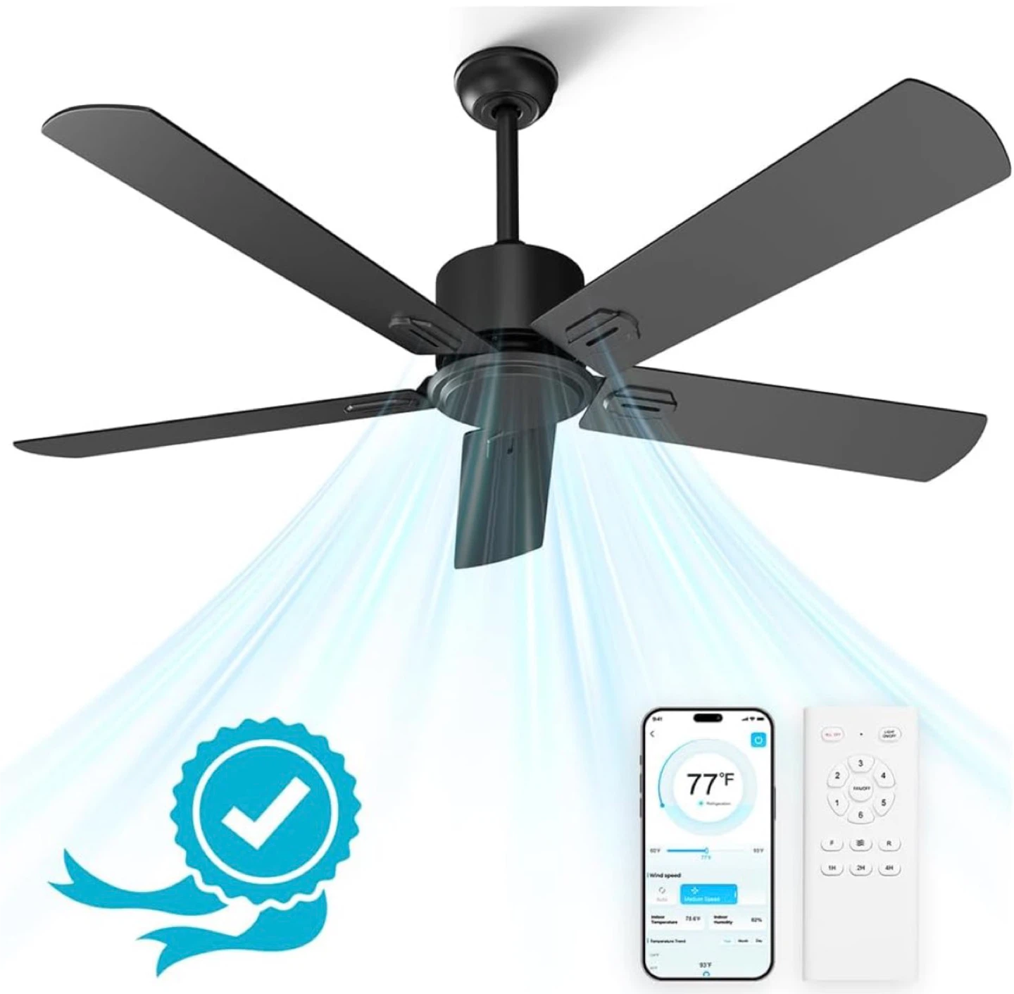 52" Black Ceiling Fan with Remote & App Control