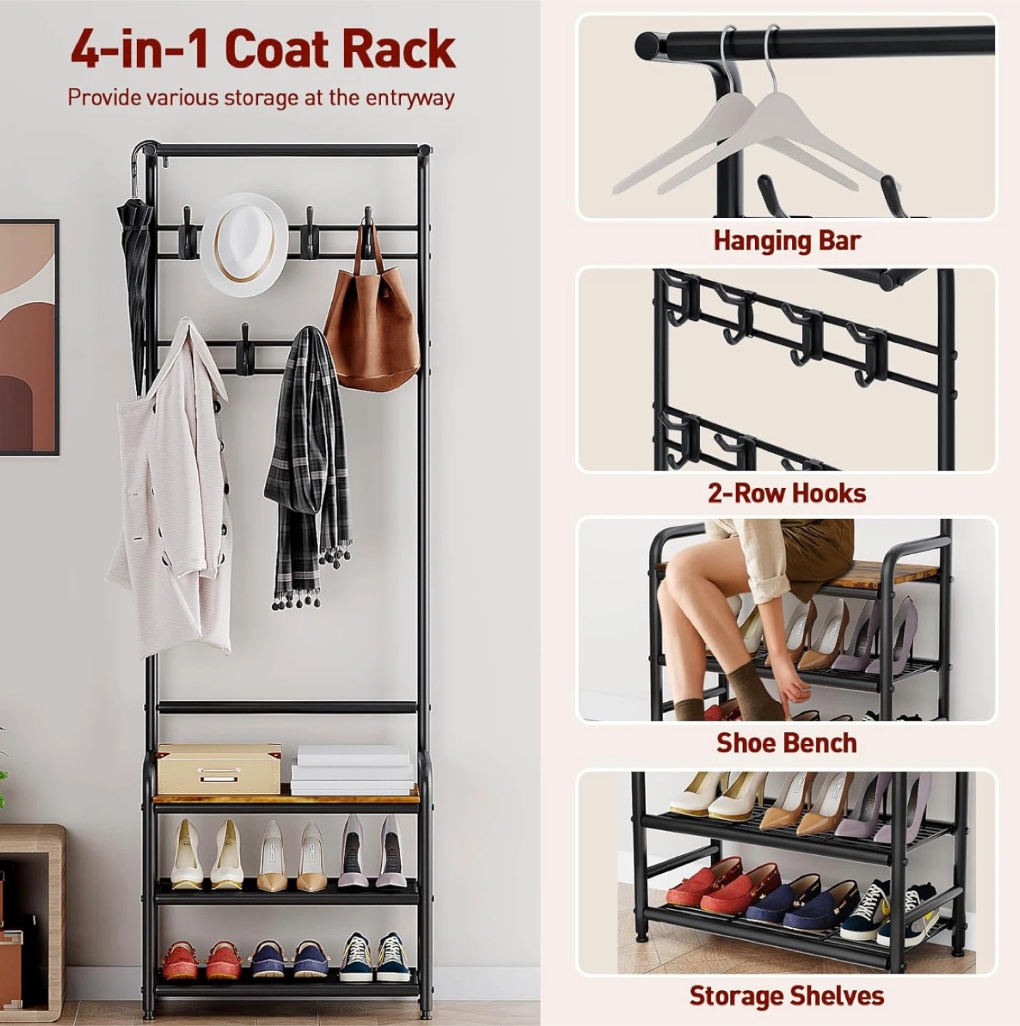 4-in-1 Entryway Coat Rack with Shoe Bench - photo 3