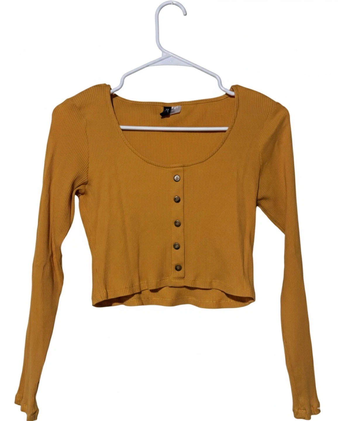 Cropped Button-Up Long Sleeve Top - Mustard Yellow