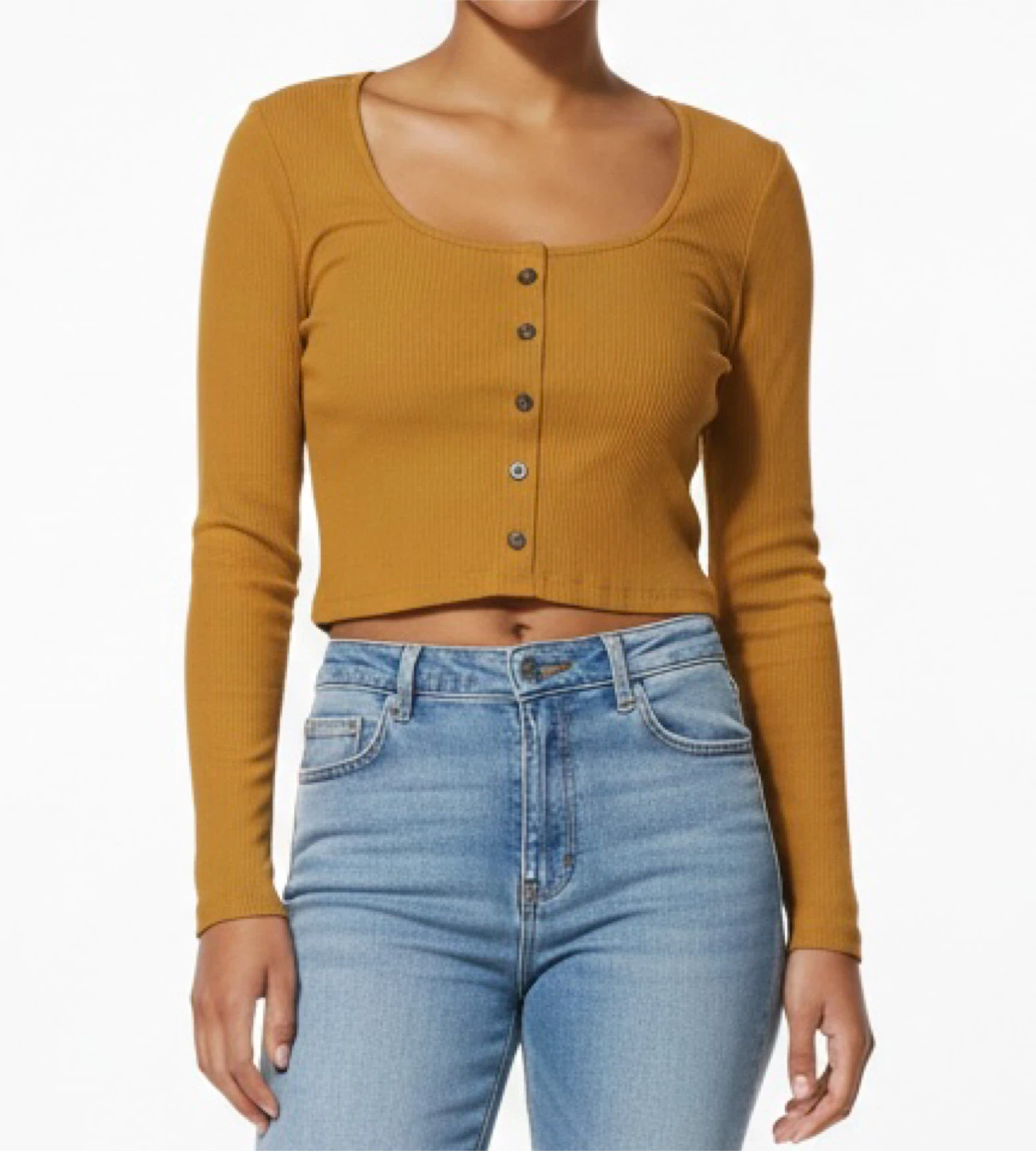 Cropped Button-Up Long Sleeve Top - Mustard Yellow - photo 2