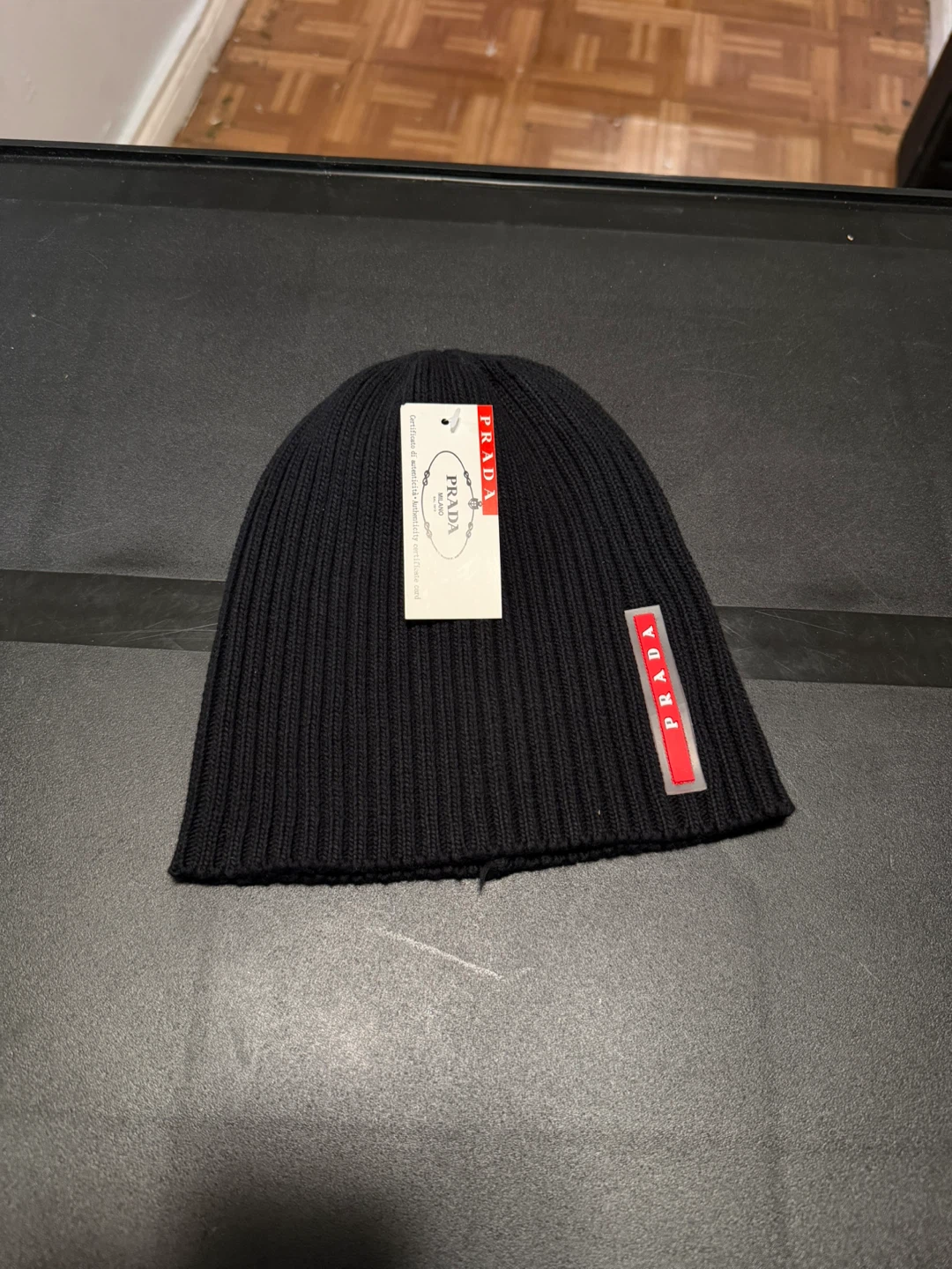 Prada Black Ribbed Knit Beanie