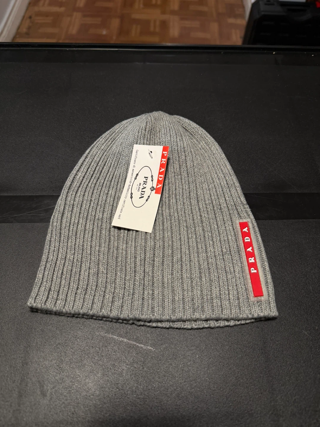 Prada Grey Ribbed Beanie Hat