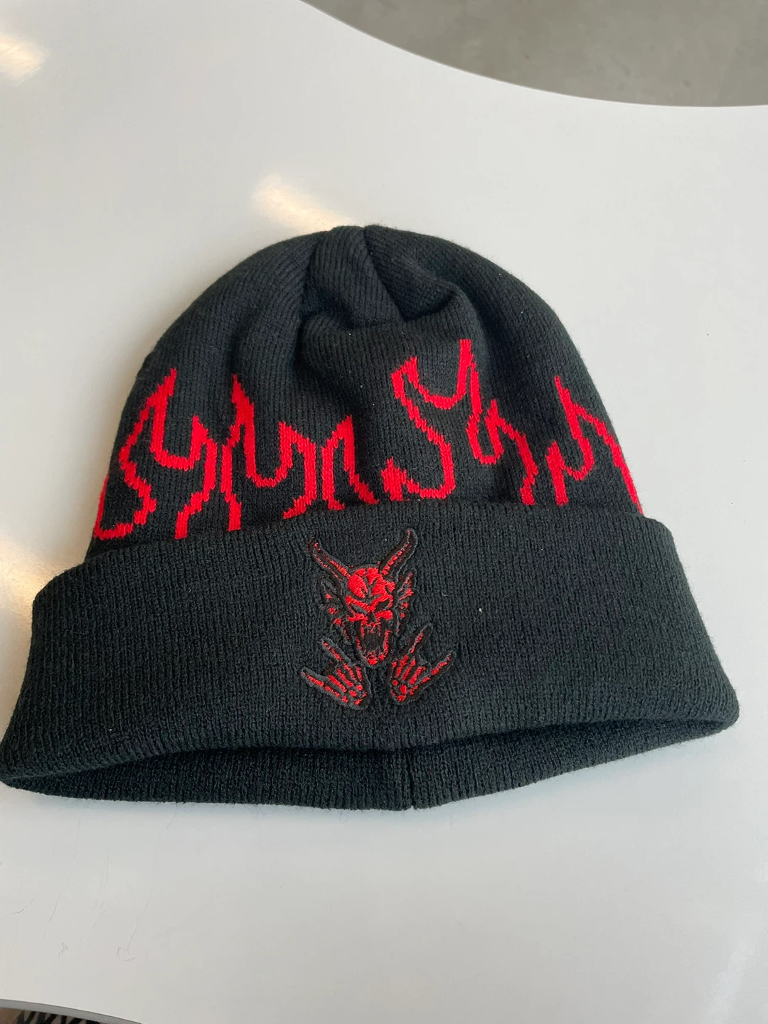 Black Beanie with Red Flames and Devil Design