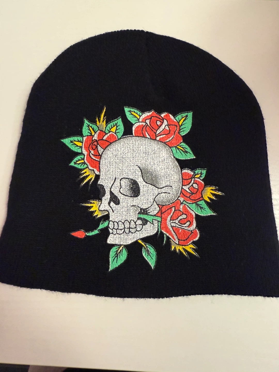 Black Beanie with Skull and Roses Design