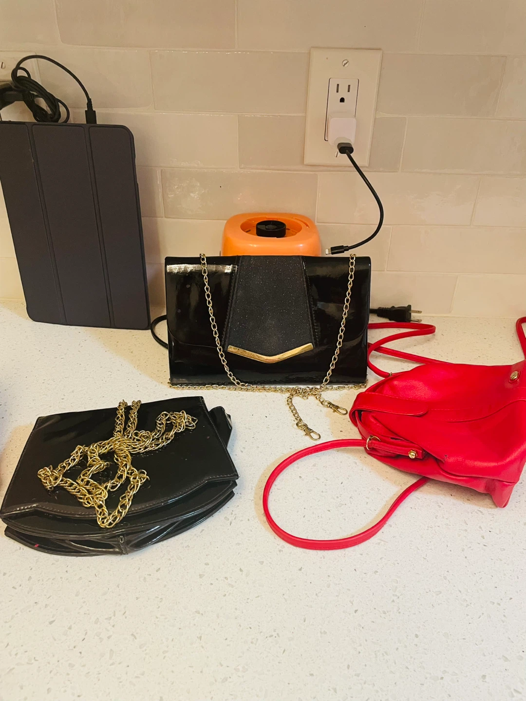 3 Clutch Purses: Black Patent and Red Leather