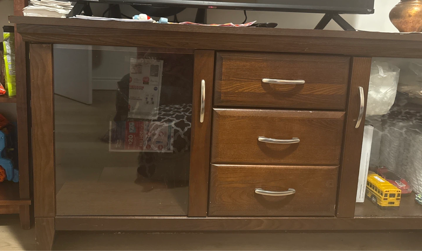 Wooden Entertainment Unit with Glass Door and Drawers