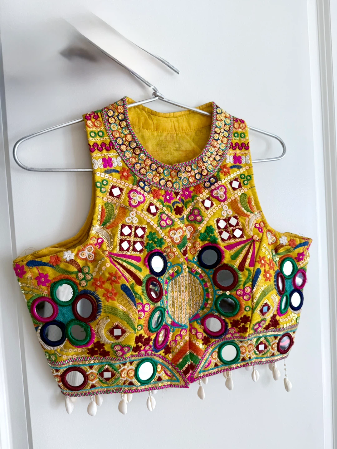 Yellow Embroidered Sleeveless Vest with Mirrors and Shells