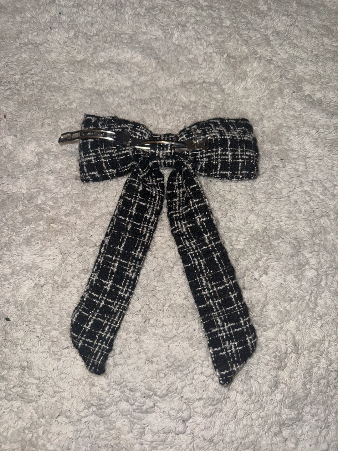 Black and White Plaid Tweed Bow Hair Clip - photo 2