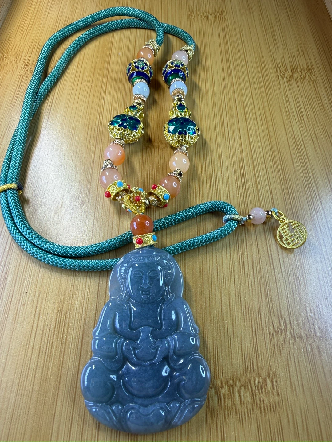 Jade carved authentic Guan Yin Pendant Necklace - Blue Color