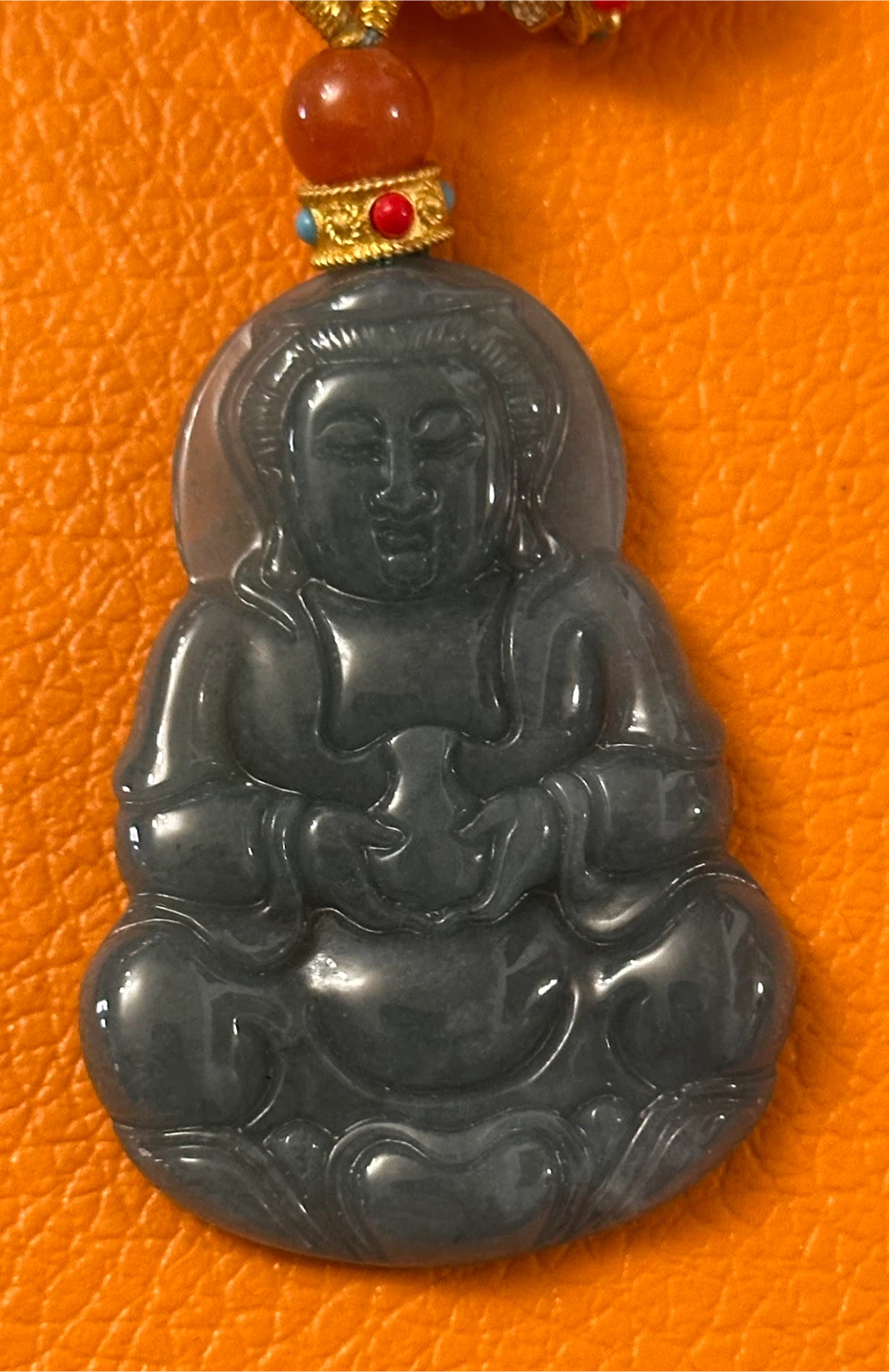 Jade carved authentic Guan Yin Pendant Necklace - Blue Color - photo 3