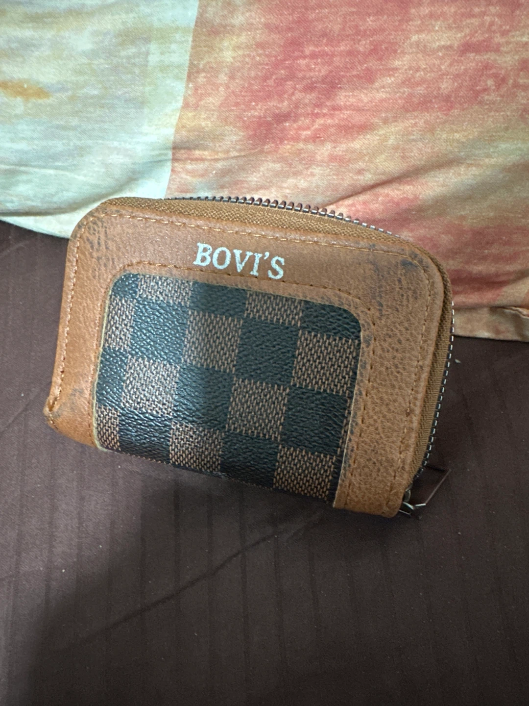 Bovi's Brown Checkered Zippered Card Holder Wallet