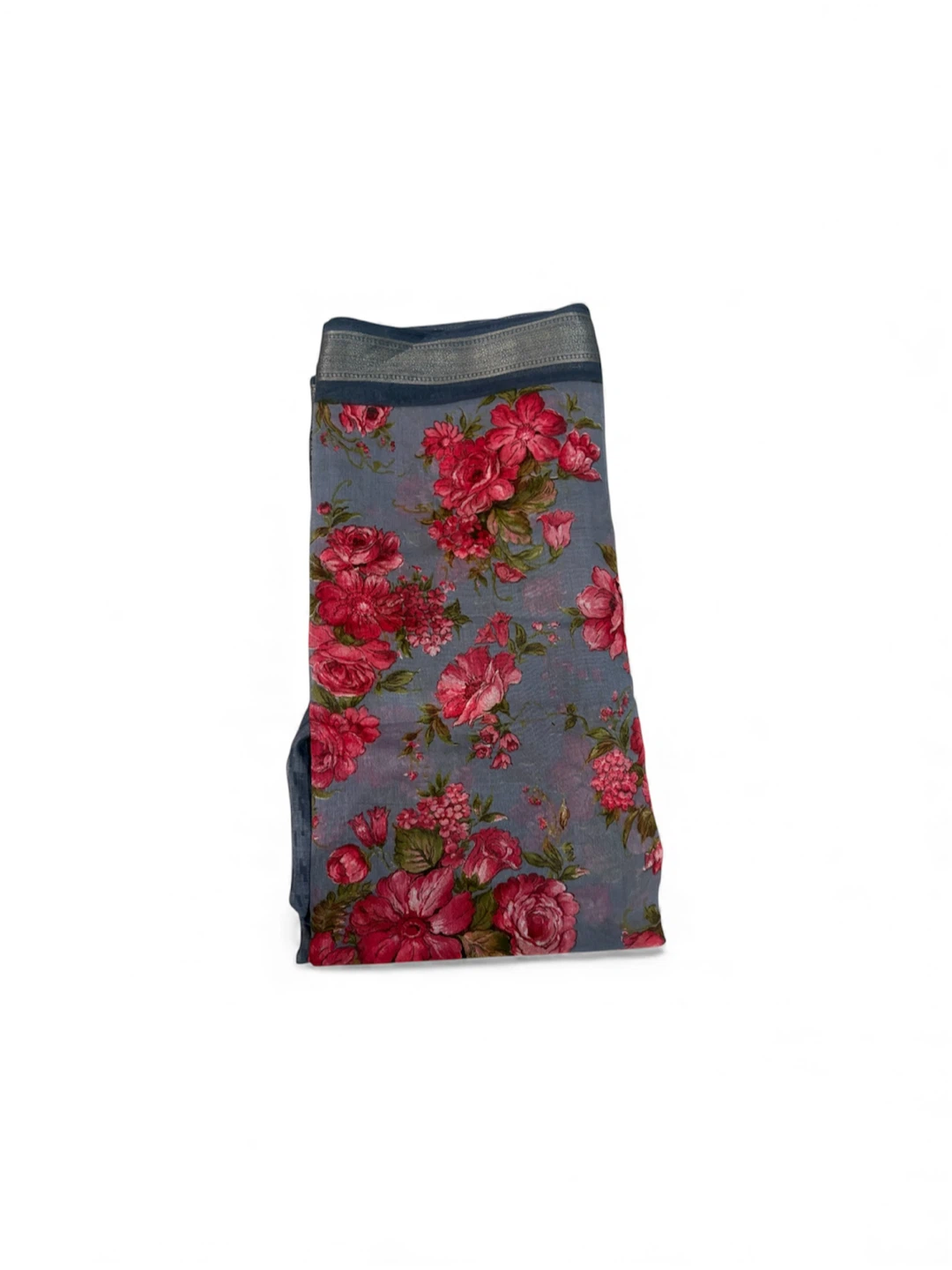 Saree (vibrant floral print in shades of red and pink.)