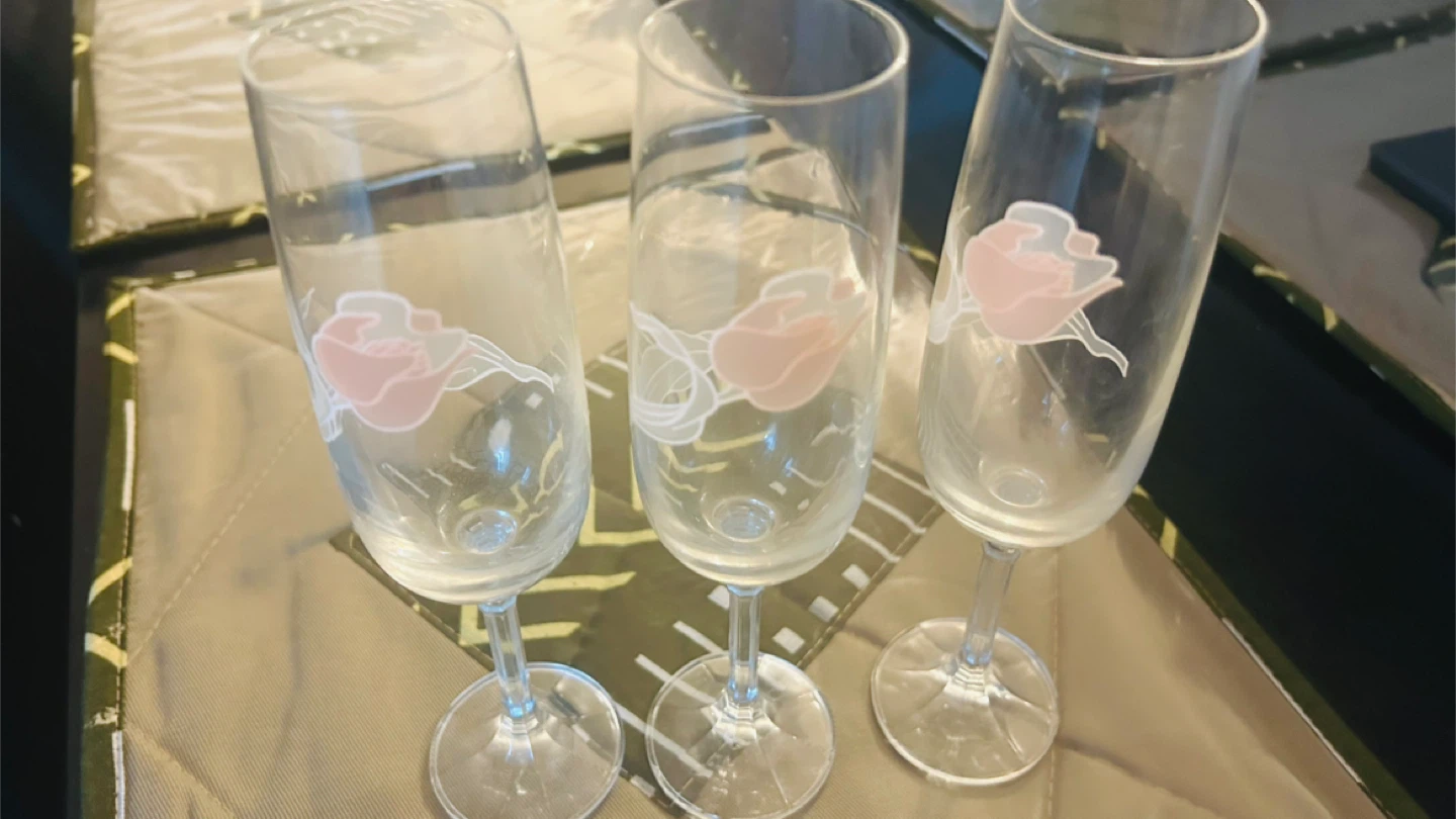 Set of 3 Clear Champagne Flutes with Pink Rose Design - photo 3