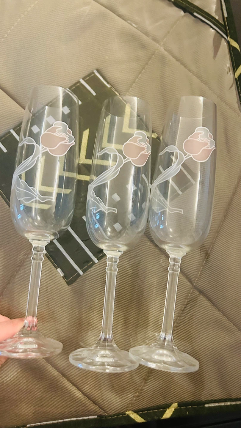 Set of 3 Clear Champagne Flutes with Pink Rose Design