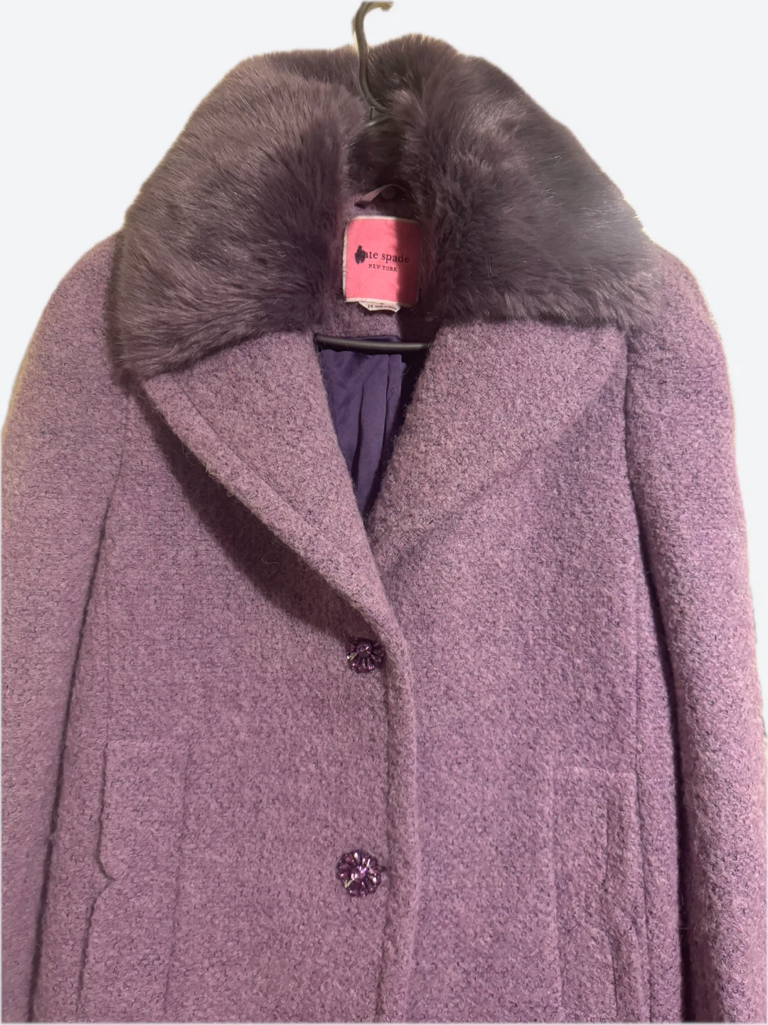 Kate Spade New York Purple Wool Blend Coat with Faux Fur Collar