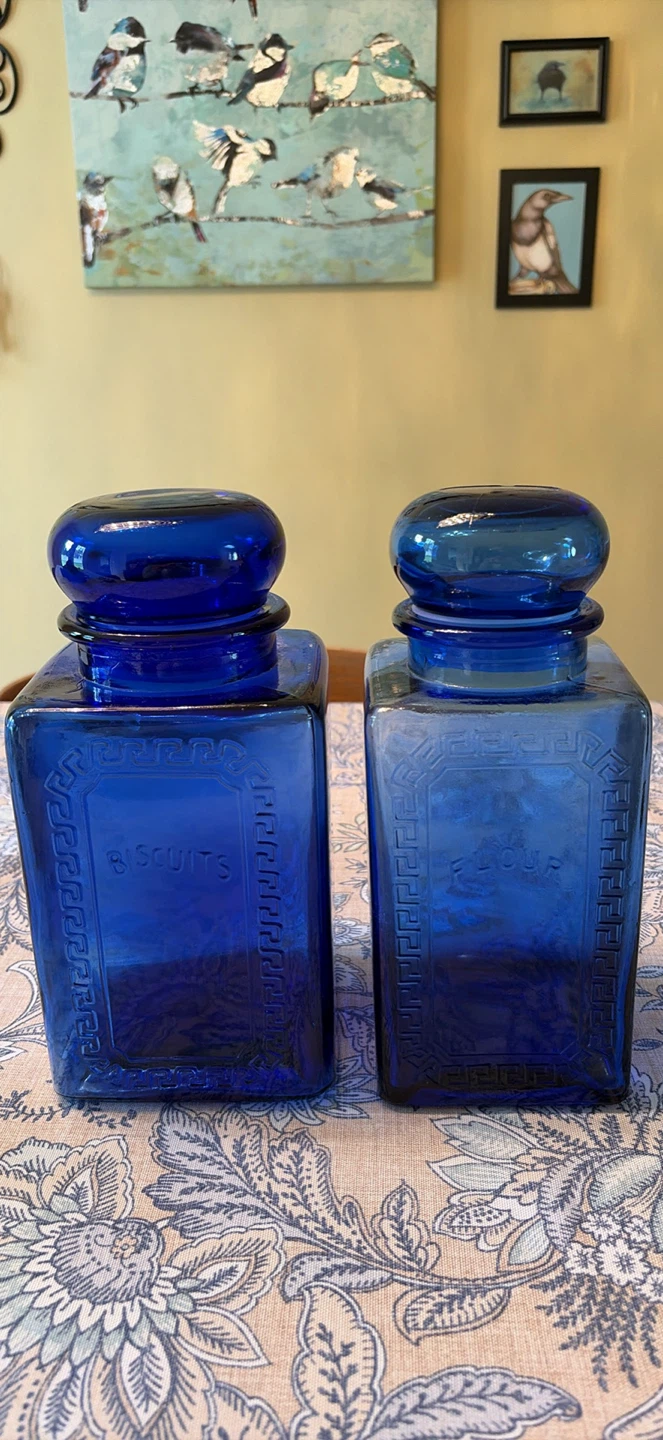 Vintage Blue Glass Biscuit & Flour Canisters