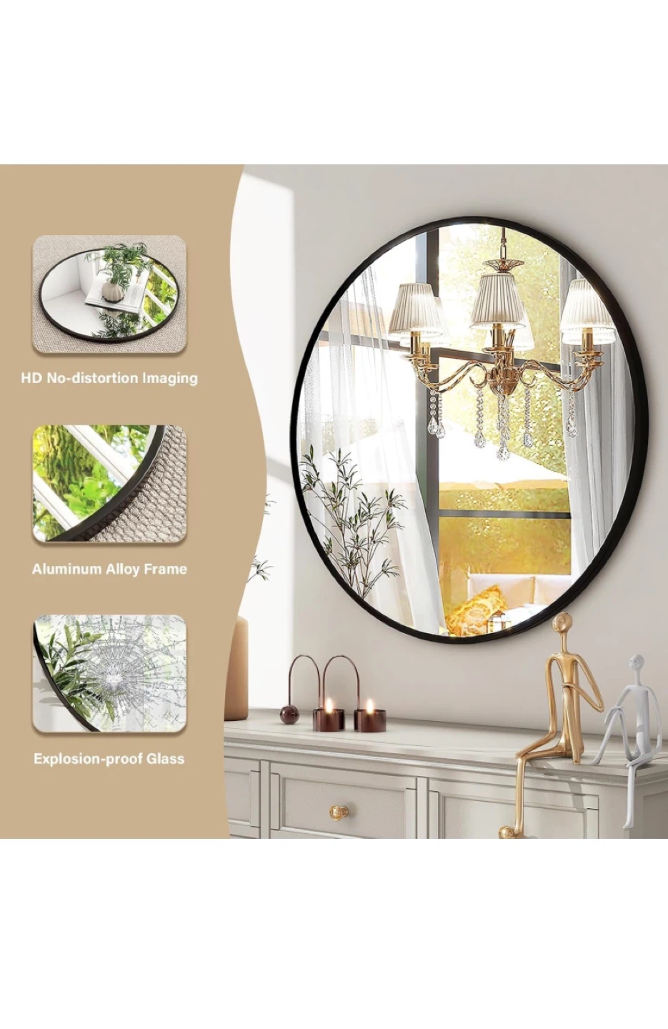 Round Wall Mounted Mirror - Black Aluminum Alloy Frame - photo 2