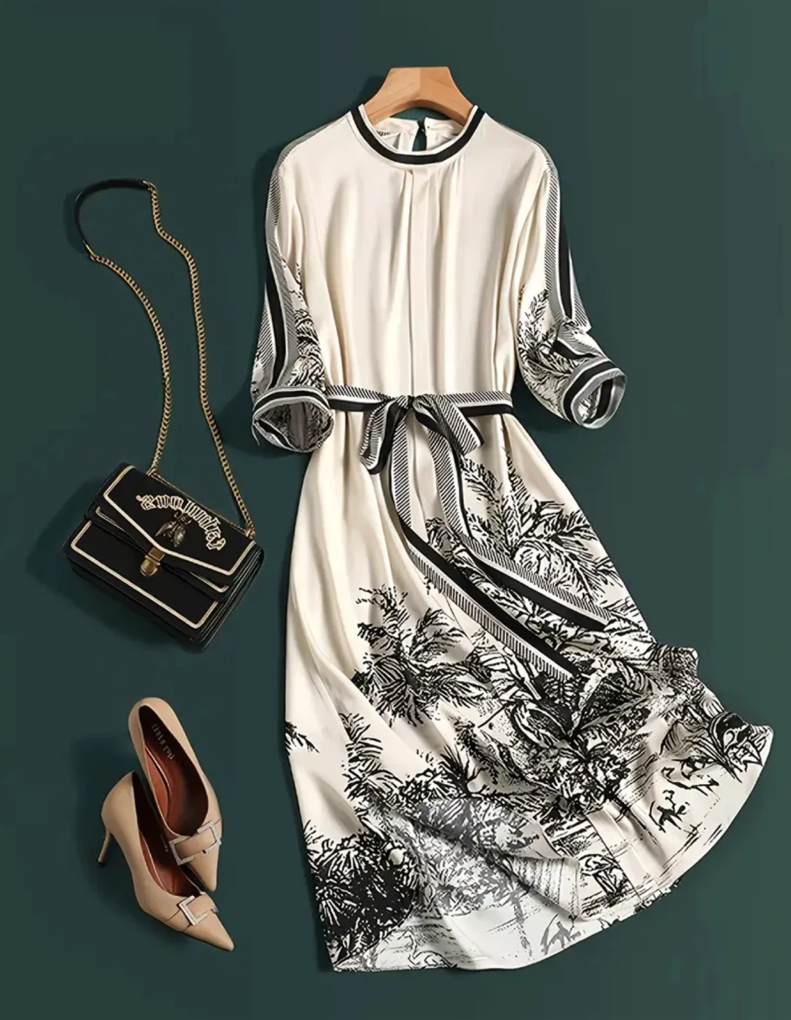 Cream and Black Floral Print Dress with Belt