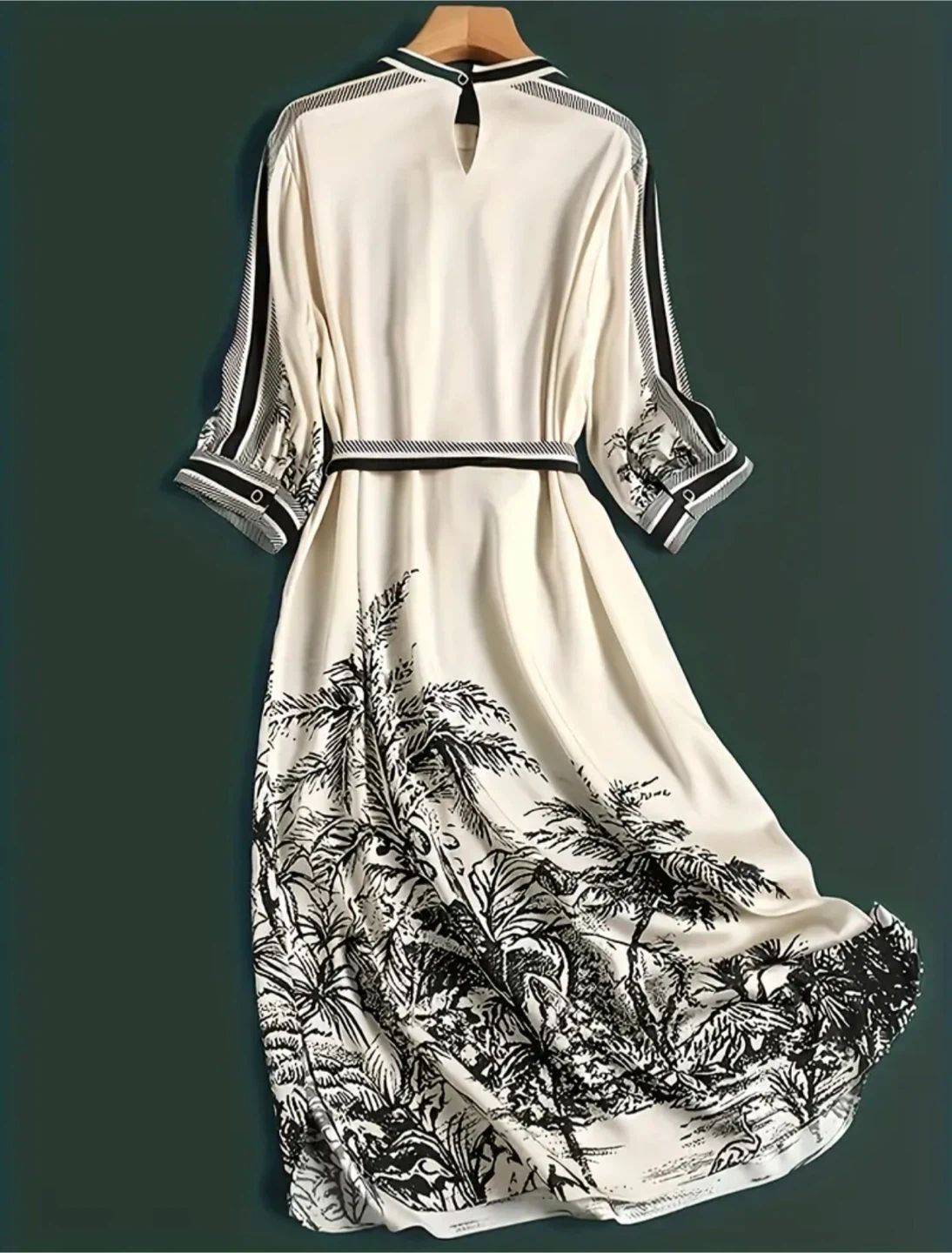 Cream and Black Floral Print Dress with Belt - photo 2