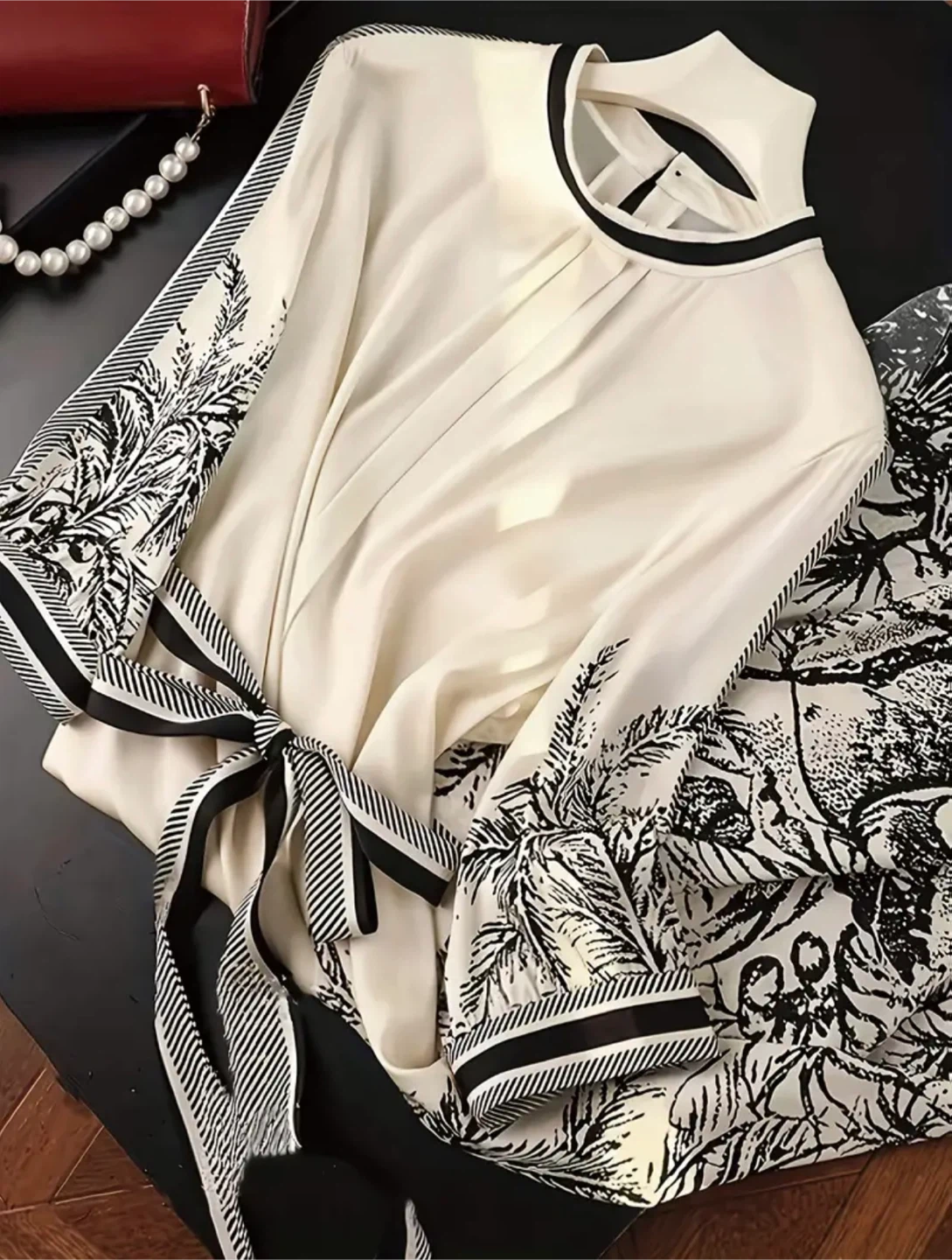 Cream and Black Floral Print Dress with Belt - photo 3