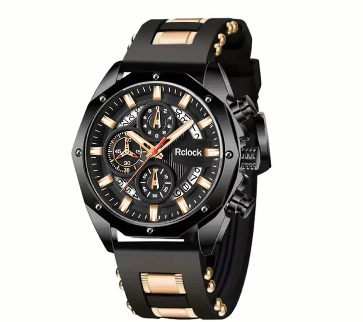 Rclock Men's Black and Rose Gold Chronograph Watch