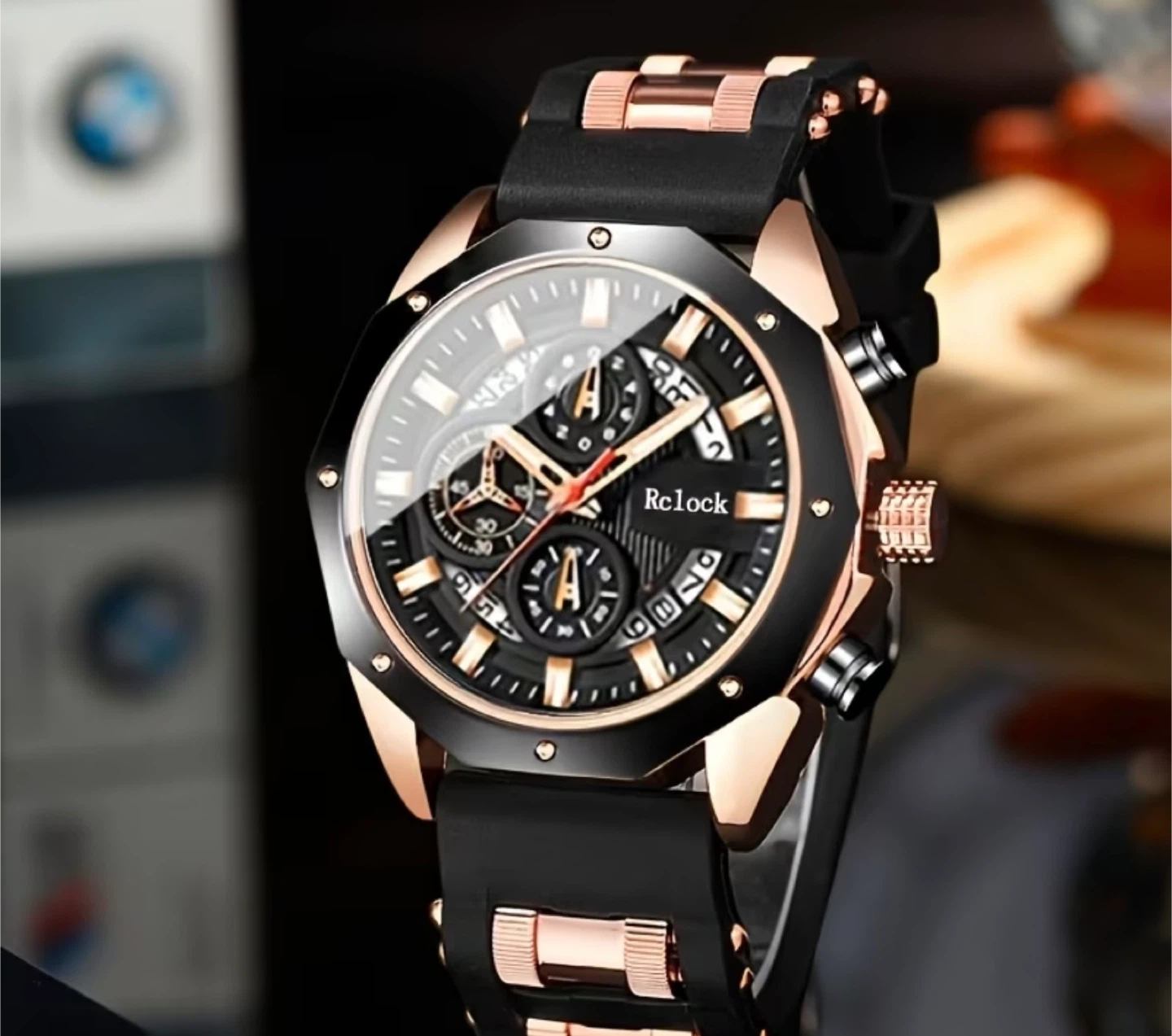 Rclock Chronograph Watch - Black & Rose Gold