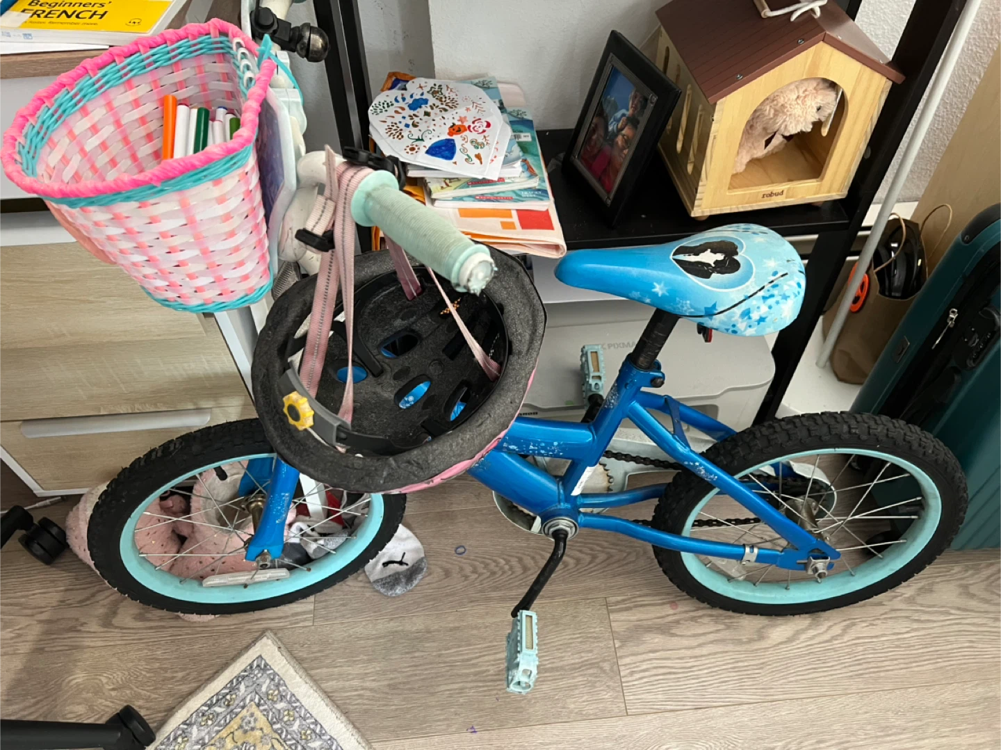 Blue Kids Bike with Pink Basket and Helmet - photo 2