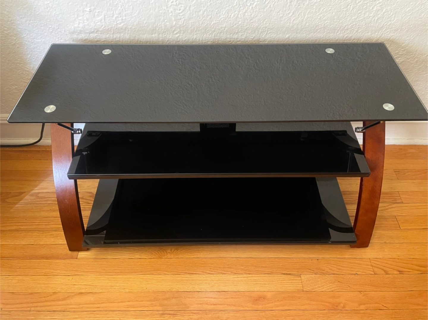 3-Tier Black Glass TV Stand with Wood Accents - photo 2